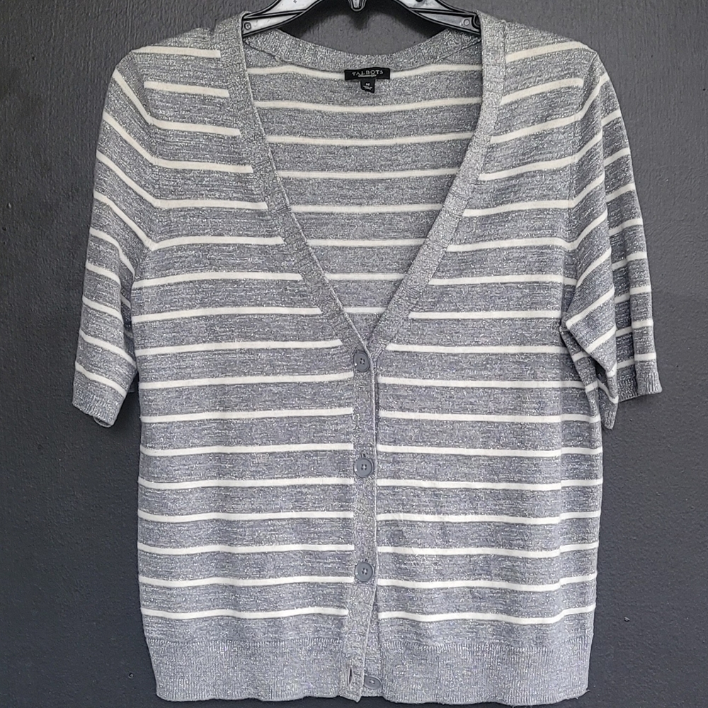 Talbots Gray White Striped Button Front Cardigan M - image 7